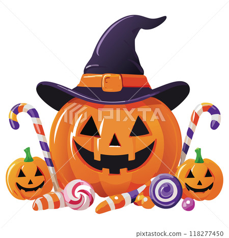 Halloween: Jack-o'-lantern with witch hat and candy 118277450