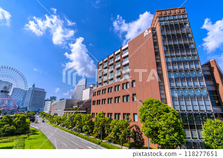 Yokohama cityscape in Japan. View of JICA Yokohama and the Overseas Emigration Museum in Minato-Irai. Yokohama Bay H Tokyu in the background. (7th) Yokohama cityscape in Japan. View of JICA Yokohama and the Overseas Emigration Museum in Minato-Irai. Yokohama Bay H Tokyu in the background. (7th) 118277651