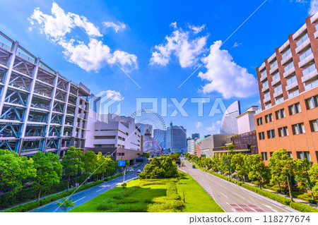 Yokohama cityscape in Japan - View of JICA Yokohama (right) and Yokohama World Porters (left) in Minato-Ira 118277674