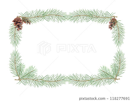Winter pine tree branches with cones watercolor horizontal frame. Christmas evergreen twigs rectangle illustration with copy space for text. For greeting, package design, invitation Winter pine tree branches with cones watercolor horizontal frame. Christmas evergreen twigs rectangle illustration with copy space for text. For greeting, package design, invitation 118277691