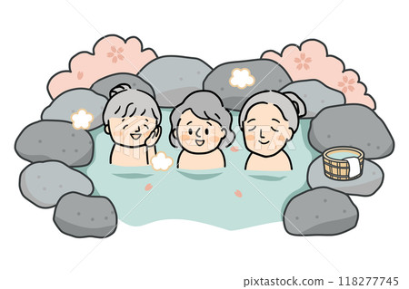 Three senior women taking a bath in an open-air bath in spring Three senior women taking a bath in an open-air bath in spring 118277745