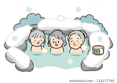 Three senior women taking a bath in an open-air bath in winter 118277748