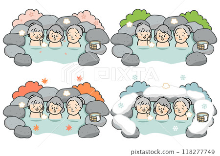 Three senior women taking a bath in an open-air bath in spring, summer, autumn and winter 118277749