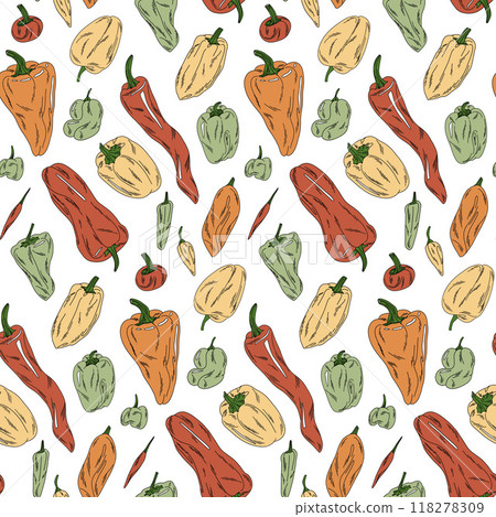 vegetable pattern with colorful peppers on white background, culinary illustration in flat style vegetable pattern with colorful peppers on white background, culinary illustration in flat style 118278309