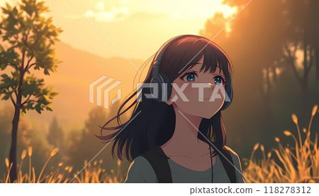 The image is a digital painting of a young woman with long black hair wearing headphones, standing in a field of tall grass at sunset. The woman is looking up into the sky, smiling softly as the gold 118278312