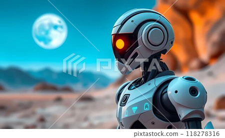 The image shows an futuristic android robot with a white and black helmet looking off to the left, with a blue sky, a blurry moon, and a blurred rocky landscape in the background. The image shows an futuristic android robot with a white and black helmet looking off to the left, with a blue sky, a blurry moon, and a blurred rocky landscape in the background. 118278316