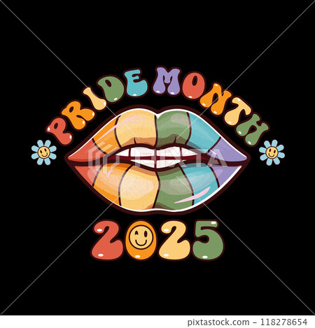 LGBT Pride month 2025 icon with lips colored in pride flag colors and open mouth with teeth and tongue. LGBT PRIDE MONTH 2025 icon and poster with groovy hipster woman open mouth isolated on black 118278654