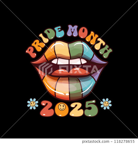 LGBT Pride month 2025 icon with lips colored in pride flag colors and open mouth with teeth and tongue. LGBT PRIDE MONTH 2025 icon and poster with groovy hipster woman open mouth isolated on black LGBT Pride month 2025 icon with lips colored in pride flag colors and open mouth with teeth and tongue. LGBT PRIDE MONTH 2025 icon and poster with groovy hipster woman open mouth isolated on black 118278655