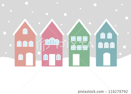 A cute street lined with pastel-colored houses in the snowy winter A cute street lined with pastel-colored houses in the snowy winter 118278792
