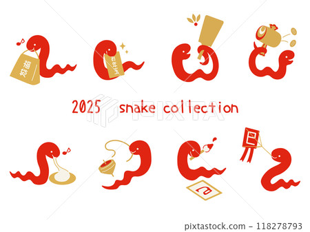 Flat illustration set of New Year's lucky charms and cute red snakes Flat illustration set of New Year's lucky charms and cute red snakes 118278793