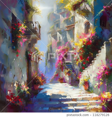 Enchanting alleyway scene with vibrant flowers cascading down ancient stone buildings 118279126