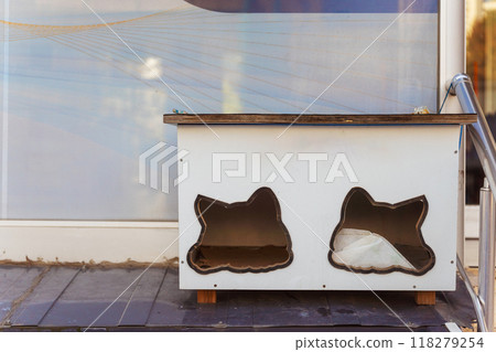 A cat house that has two holes in it seems to resemble a cats head 118279254