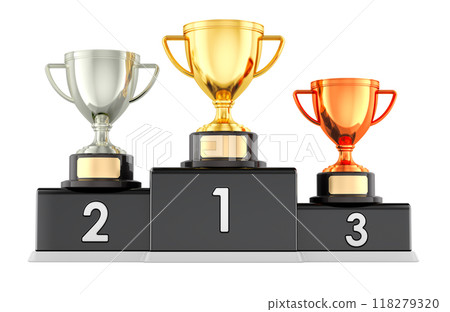 Winners Podium with golden, silver and bronze trophy cups. 3D rendering 118279320