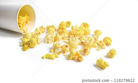 Isolated image of popcorn in paper cup set against a white background, showcasing the fluffy, golden kernels spilling over the edges, perfect for themes related to snacks, cinema, or casual dining. Isolated image of popcorn in paper cup set against a white background, showcasing the fluffy, golden kernels spilling over the edges, perfect for themes related to snacks, cinema, or casual dining. 118279622