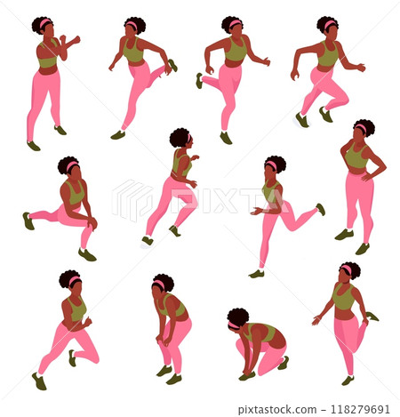 Isometric Vector Set of Black Female Runner in Dynamic Poses. Ideal for Fitness Apps, Sports Promotions, and Health Blogs 118279691