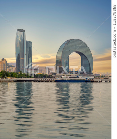 Crescent Development Project Showcasing Modern Architecture Along Baku's Caspian Sea Coast at Sunset 118279868