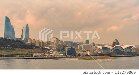 Baku Skyline Featuring Flame Towers, Baku Eye, and Modern Architecture Along the Waterfront 118279869