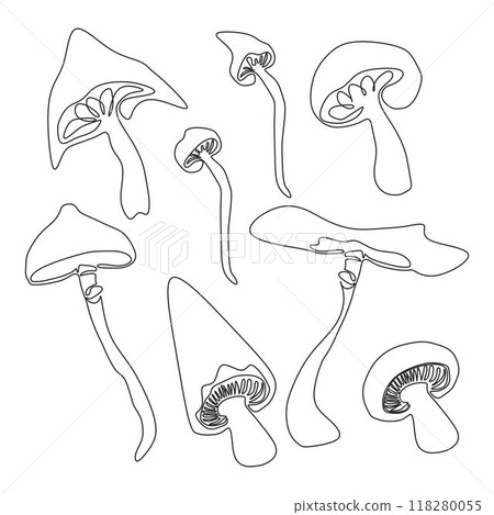 Set of fantasy mushrooms. Hand drawn vector collection. Forest plants sketches. Botanical set. 118280055