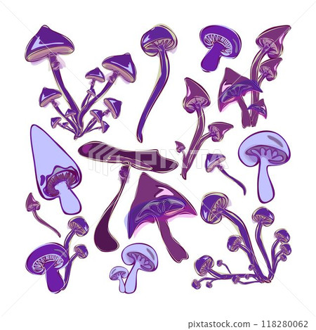 Set of fantasy colorful mushrooms. Hand drawn vector collection. Forest plants sketches. Botanical set. 118280062