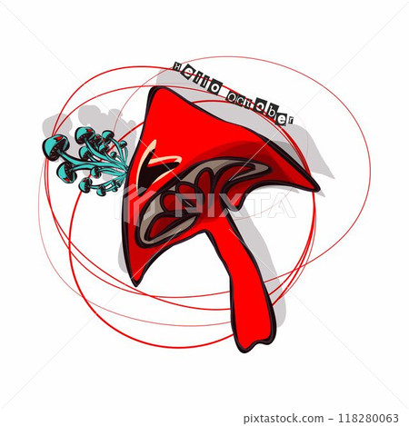 Hello October. Hello autumn. Template with colorful mushrooms and modern hand lettering 118280063