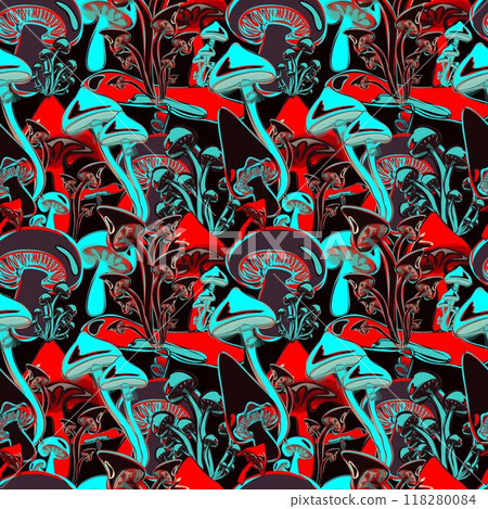 Autumn seamless pattern with colorful mushrooms. Botanical vector design Autumn seamless pattern with colorful mushrooms. Botanical vector design 118280084