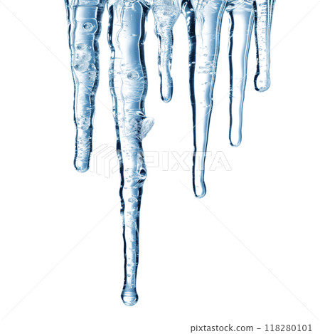 Medium-sized icicles hanging from a surface, isolated on a transparent background. Symbolizes winter, cold, and ice. Suitable for winter projects, seasonal decorations, and natural concepts. 118280101