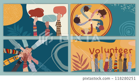 Volunteer people group concept. Banner poster editable template.Multicultural diverse people. Raised hand. People in circle. Solidarity. NGO Aid concept. Charitable donation 118280251