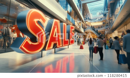Massive 3D SALE letters in a bustling mall with eager shoppers, capturing the excitement and urgency of Black Friday sales. Black friday 118280415