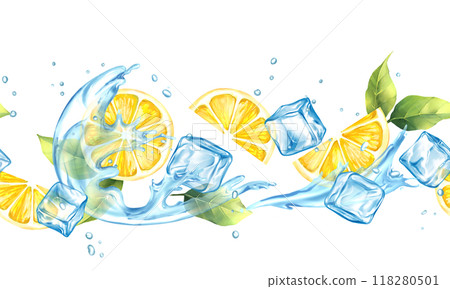 Lemon with ice water splash and ice cubes. Fruit seamless border on white background 118280501