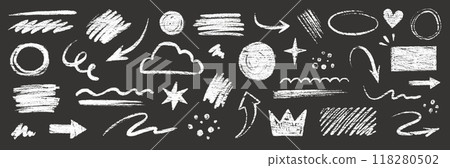 Doodle line chalk brush element set on blackboard. Chalkboard texture brush stroke square, spiral, arrow element scribble line hand drawn sketch design. Crayon pencil style. Vector Doodle line chalk brush element set on blackboard. Chalkboard texture brush stroke square, spiral, arrow element scribble line hand drawn sketch design. Crayon pencil style. Vector 118280502