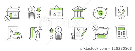 Loan interest rate doodle icon set. Hand drawn sketch doodle line style bank money loan interest rate icon for house, car discount percentage concept. Trendy cute element. Vector 118280508