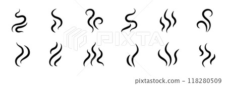 Smoke steam icon vector logo set. Smoke smell, steam aroma heat icon illustration. Hot vapor fire doodle line logo. Hit stink, coffee, fragrance flame elements. Vector 118280509