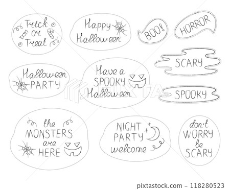 Sticker collection of Halloween holiday lettering. Black and white doodle vector illustration. Sticker collection of Halloween holiday lettering. Black and white doodle vector illustration. 118280523
