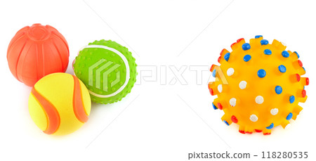 Set of dog toys isolated on white. Free space for text. Collage. Wide photo. Set of dog toys isolated on white. Free space for text. Collage. Wide photo. 118280535