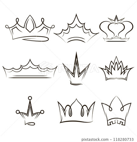Vector set of crown. Simple crowning, cute queen or king crowns pack. Minimalistic hand drawn crowns for princess. Royal imperial coronation symbol 118280733