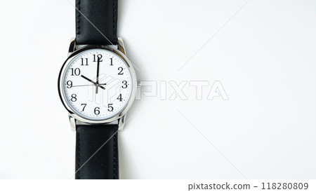 A close up of a wristwatch with a black leather strap, copy space. High quality photo 118280809