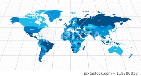 Blue geopolitical map of World. Bottom perspective view with background grid. Vector illustration. 118280818