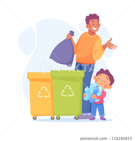 Man Parent with Son Throw Garbage in Dustbin as Home Activity Vector Illustration Man Parent with Son Throw Garbage in Dustbin as Home Activity Vector Illustration 118280933