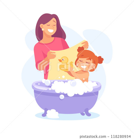 Woman Parent Bathing Her Daughter in Bathtub as Home Activity Vector Illustration Woman Parent Bathing Her Daughter in Bathtub as Home Activity Vector Illustration 118280934