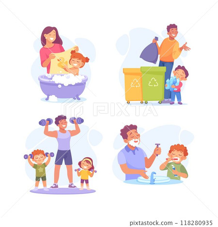 Homework with Parent and Kid Engaged in Home Activity Vector Set 118280935