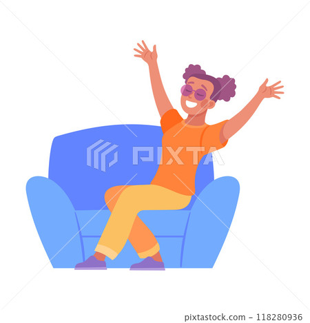 Holiday with Woman Character Sit in Armchair with Raised Hands Cheering Vector Illustration 118280936