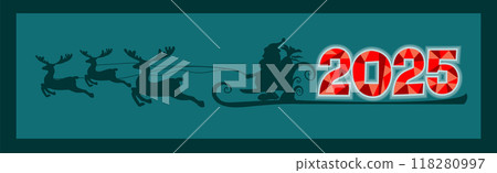 Santa Claus on a sleigh silhouette. 2025 New Year card. hand drawing. Not AI, Vector illustrations. 118280997