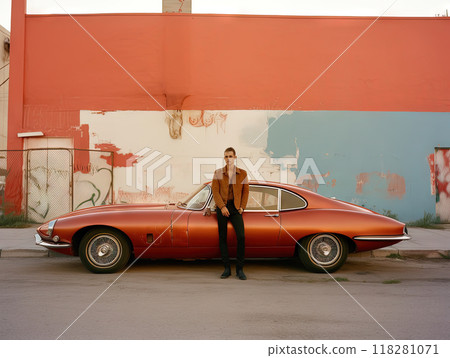 Woman model posing with a car on the hot summer city street. Woman model posing with a car on the hot summer city street. 118281071