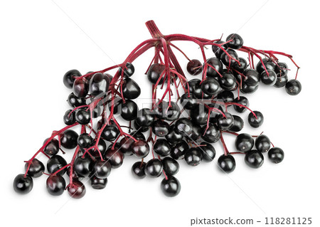 Ripe black elderberry or elder isolated on a white background. Sambucus. Top view. Flat lay Ripe black elderberry or elder isolated on a white background. Sambucus. Top view. Flat lay 118281125