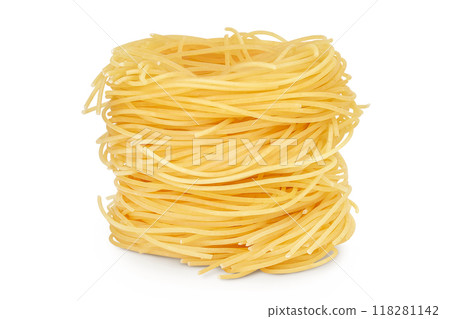 Italian pasta tagliatelle nest isolated on white background with full depth of field. Italian pasta tagliatelle nest isolated on white background with full depth of field. 118281142