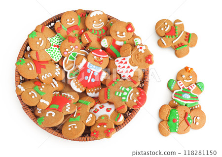 christmas gingerbread cookie in a wicker basket isolated on white background. Top view. Flat lay 118281150