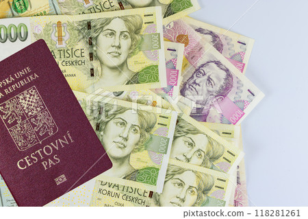 CZK koruna banknotes are national currency of Czech Republic with passport travel document 118281261