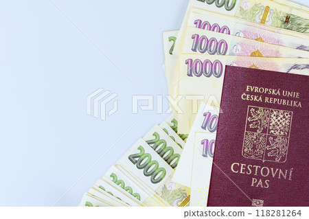 Czech Republic passports with is Czech koruna banknotes cash of various denominations 118281264