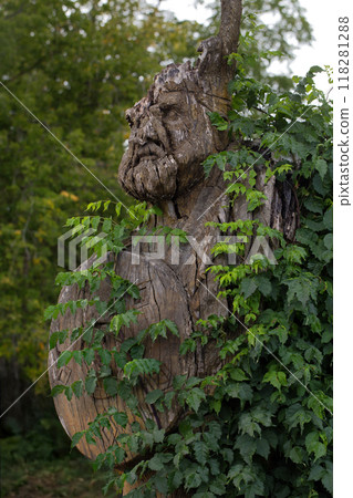 Abandoned old wooden viking sculpture. Abandoned old wooden viking sculpture. 118281288
