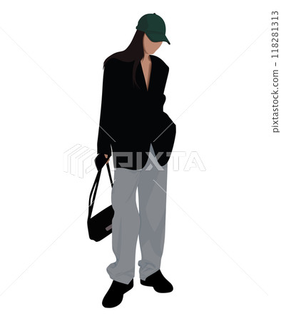 Vector illustration of a girl in a black jacket, gray pants and black sneakers. The image is complemented by a green cap. Vector illustration of a girl in a black jacket, gray pants and black sneakers. The image is complemented by a green cap. 118281313